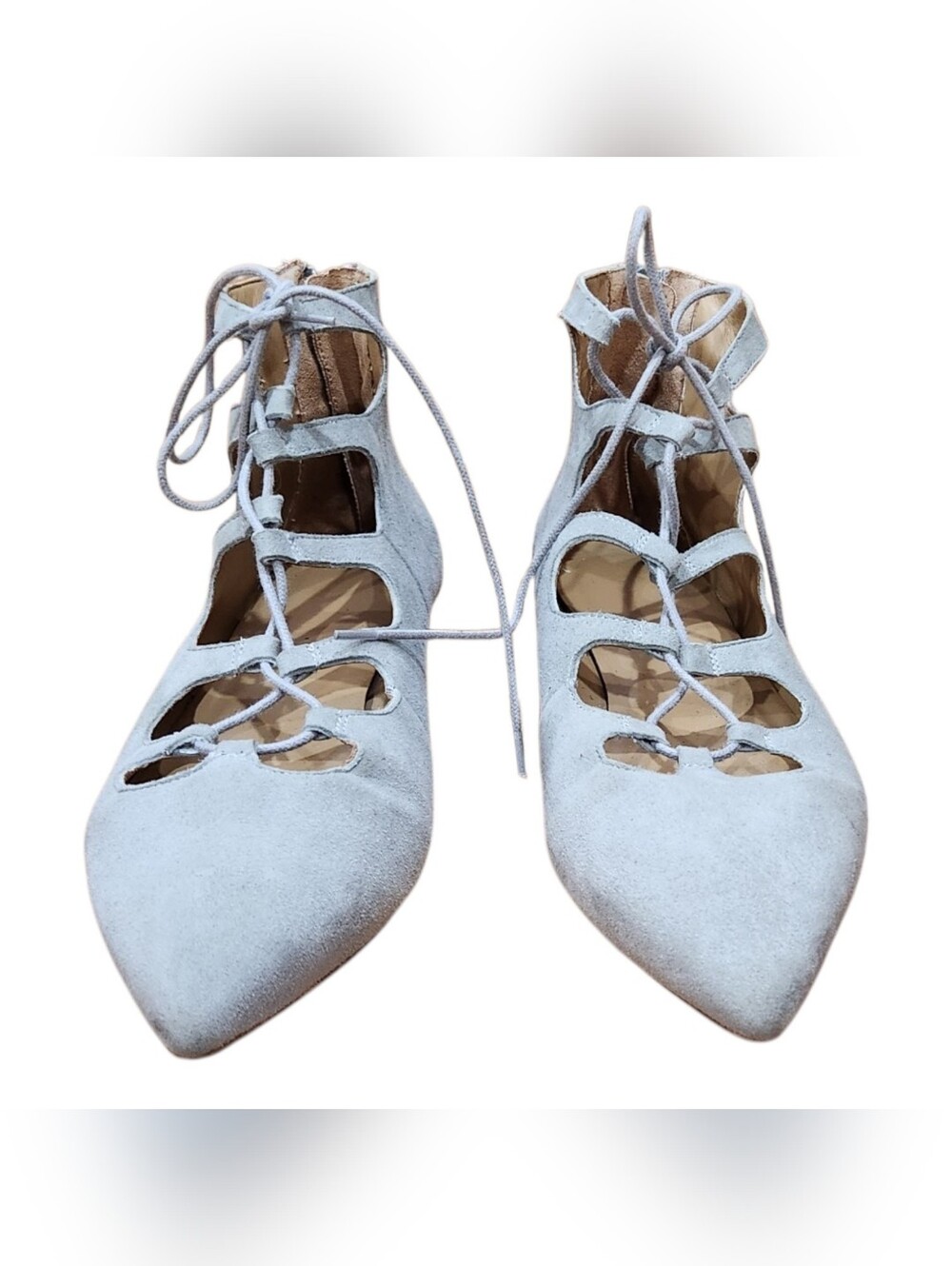 Coquette Blue Grey Lace -Up Ballet Slippers, Sz 39 or ~8.5